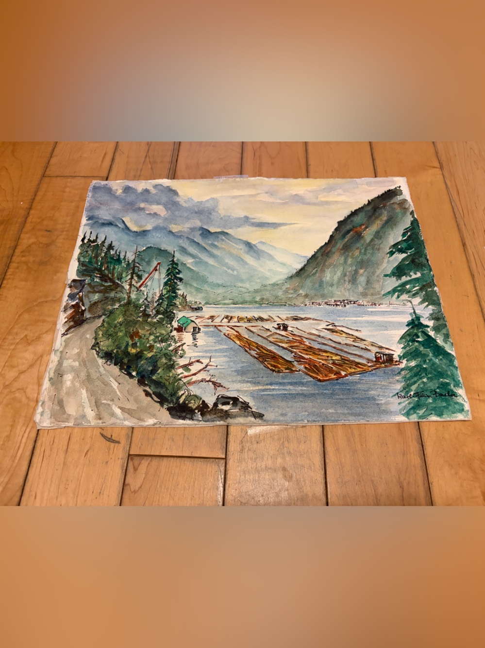 Hand-Painted logging Lakeside Landscape Water-colour. Signed by artist.